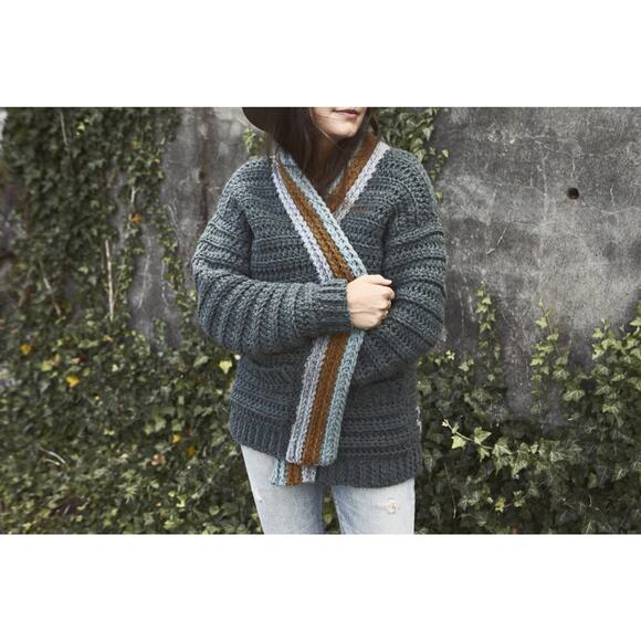 NWOT Handmade Chunky Crochet Knit Gray Green Blue Brown Long Sleeve Sweater OS - Picture 3 of 10